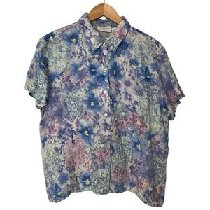 Vintage Liz Claiborne Watercolor Floral 100% Linen Button Down Shirt